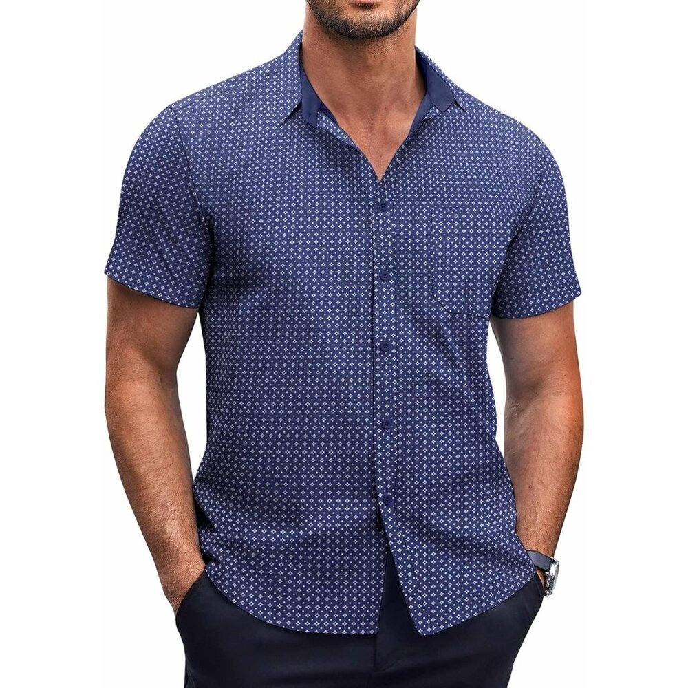 Blue Square Men Short Sleeve Button Down Wrinkle Free Polka Dot Print Shirt